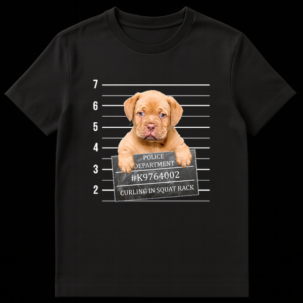 Sad puppy holding a police mugshot sign that says Curling In Squat Rack on a black background on Black t-shirt