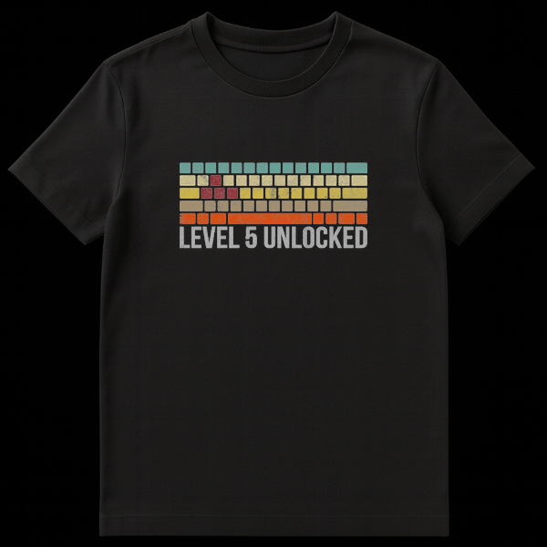 Retro computer keyboard graphic with text Level 5 Unlocked for a 5th birthday celebration on Black t-shirt