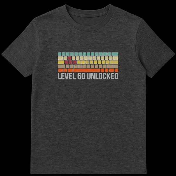 Black t-shirt with Level 60 Unlocked text and retro pixelated arcade blocks in teal, beige, yellow, and orange distressed colors on Dark Heather t-shirt