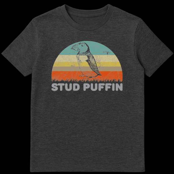 Vintage style puffin bird illustration with retro sunset stripes and the text Stud Puffin on Dark Heather t-shirt
