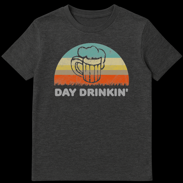 Vintage style t-shirt design with a distressed retro sunset background, a sketch of a foaming beer mug, and bold text reading Day Drinkin' on Dark Heather t-shirt