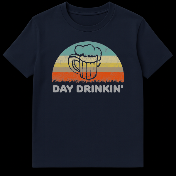 Vintage style t-shirt design with a distressed retro sunset background, a sketch of a foaming beer mug, and bold text reading Day Drinkin' on Navy Blue t-shirt