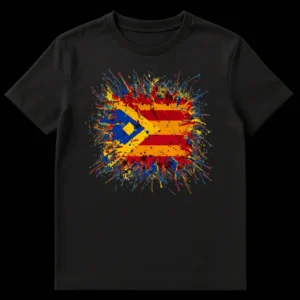 Exploding Estelada Blava Flag T-Shirt, dynamic paint splatter art celebrating Catalan independence on a black background on Black t-shirt