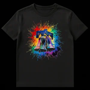 Two ornate bells covered in a vibrant rainbow paint splatter design on a black t-shirt, symbolizing artistic freedom and celebration. on Black t-shirt